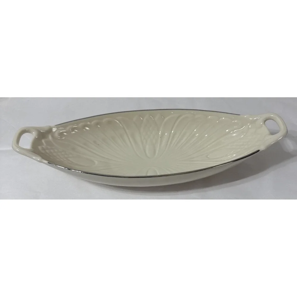 Lenox MONACO SPECIAL Embossed Cream Silver Trim Handled Long Relish Serving Dish